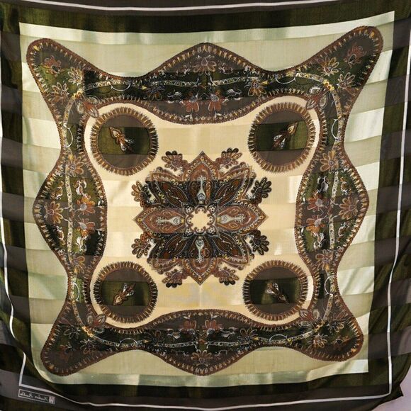 Fashion BanDo Womens Scarf Geometric Floral 40 x 40 Square Green Brown - Picture 1 of 11